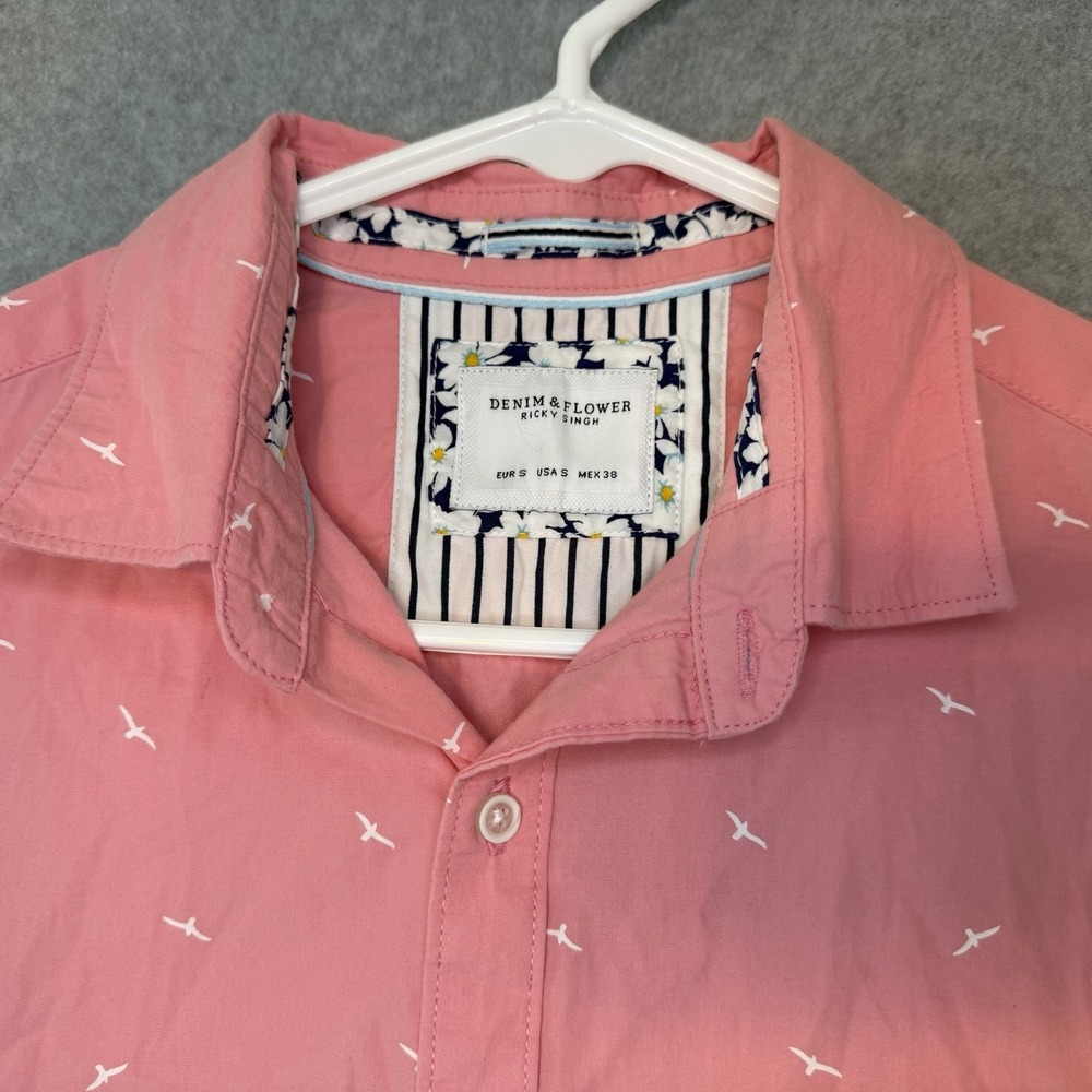Denim & Flower Ricky Singh Short Sleeve Preppy Button Down Pink Bird Shirt Sz S